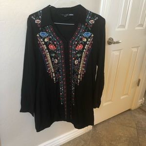 Long black button down shirt with embroidery